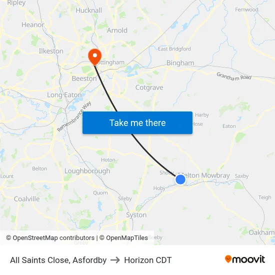 All Saints Close, Asfordby to Horizon CDT map
