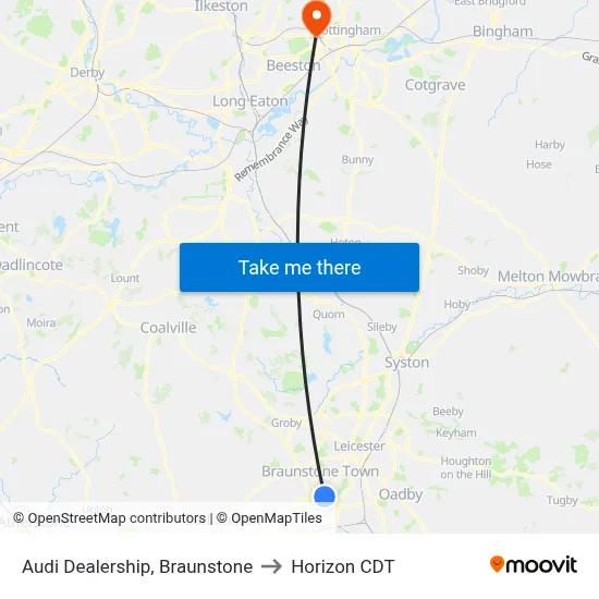 Audi Dealership, Braunstone to Horizon CDT map