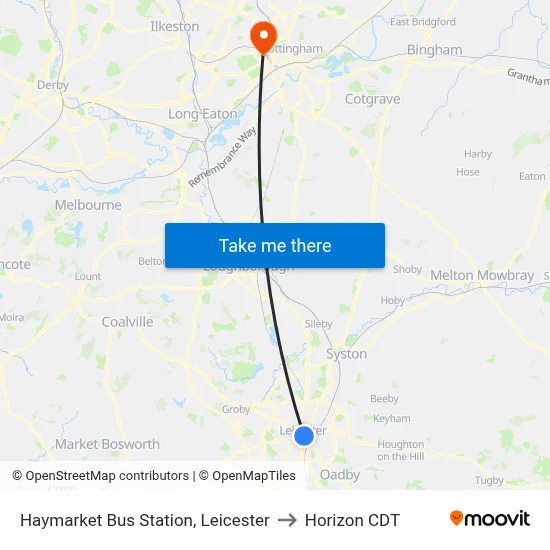 Haymarket Bus Station, Leicester to Horizon CDT map