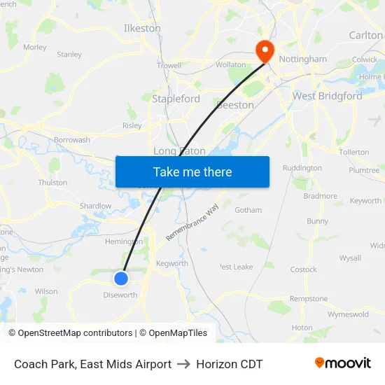 Coach Park, East Mids Airport to Horizon CDT map