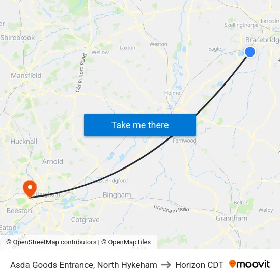 Asda Goods Entrance, North Hykeham to Horizon CDT map