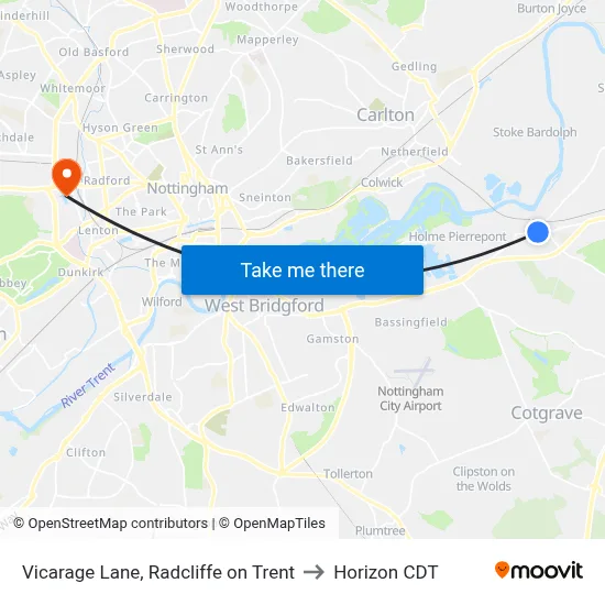 Vicarage Lane, Radcliffe on Trent to Horizon CDT map