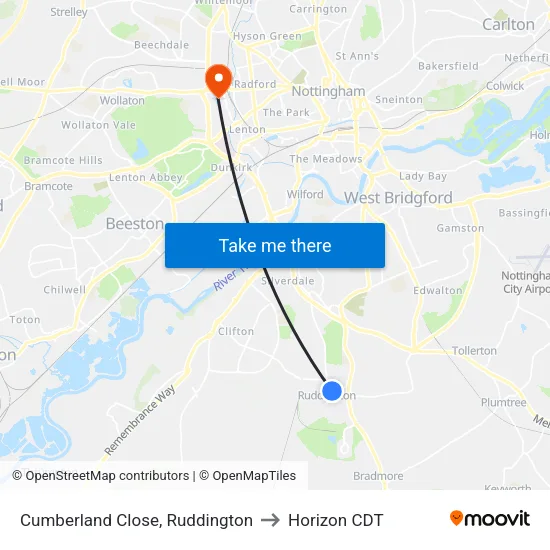 Cumberland Close, Ruddington to Horizon CDT map