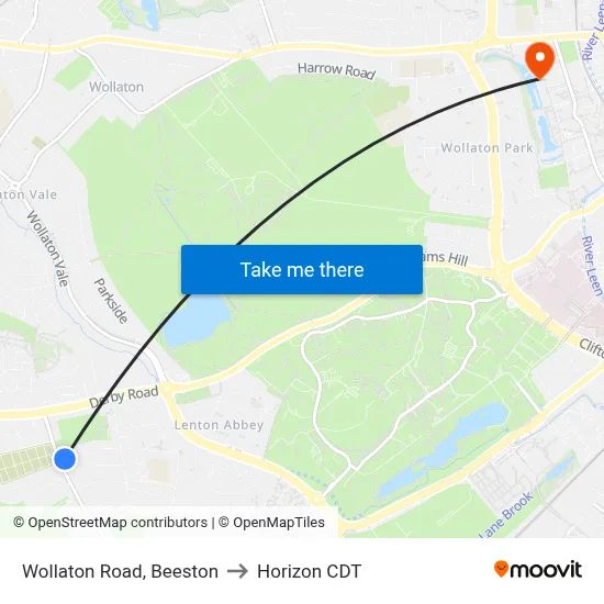 Wollaton Road, Beeston to Horizon CDT map