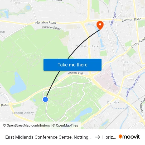 East Midlands Conference Centre, Nottingham University Main Campus (Un48) to Horizon CDT map