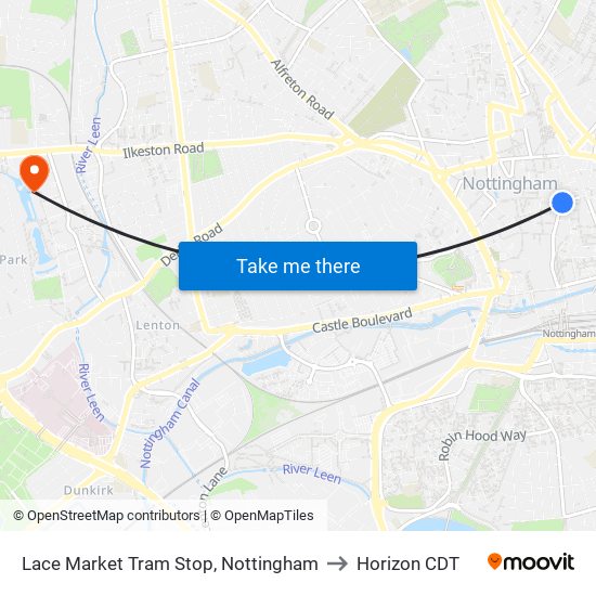 Lace Market Tram Stop, Nottingham to Horizon CDT map