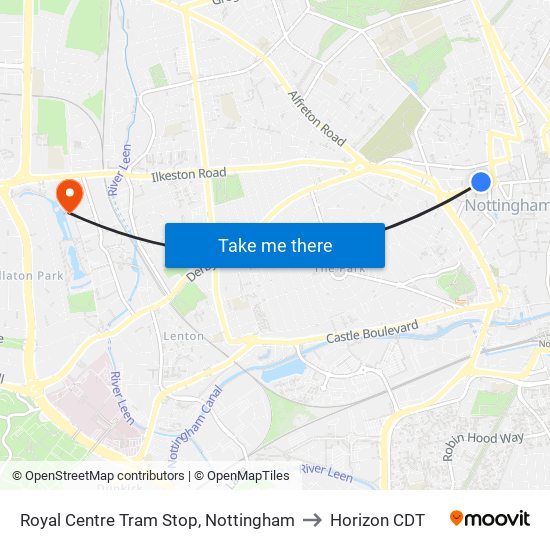 Royal Centre Tram Stop, Nottingham to Horizon CDT map