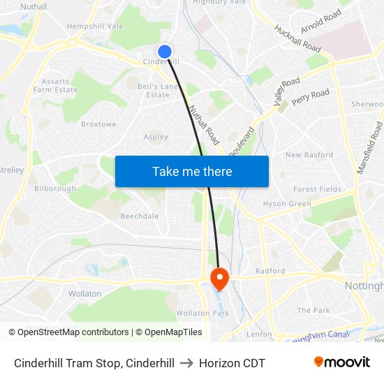 Cinderhill Tram Stop, Cinderhill to Horizon CDT map