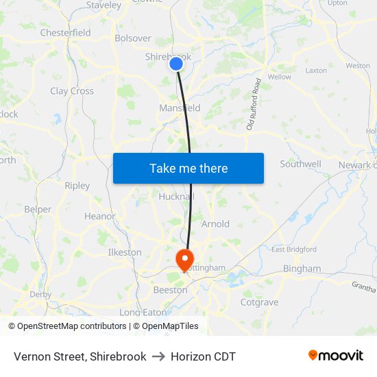 Vernon Street, Shirebrook to Horizon CDT map