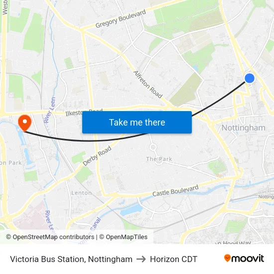 Victoria Bus Station, Nottingham to Horizon CDT map