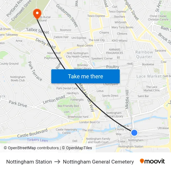Nottingham Station to Nottingham General Cemetery map