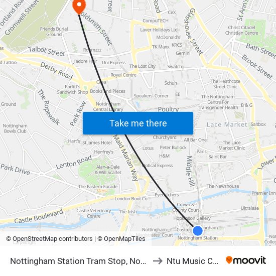 Nottingham Station Tram Stop, Nottingham to Ntu Music Centre map
