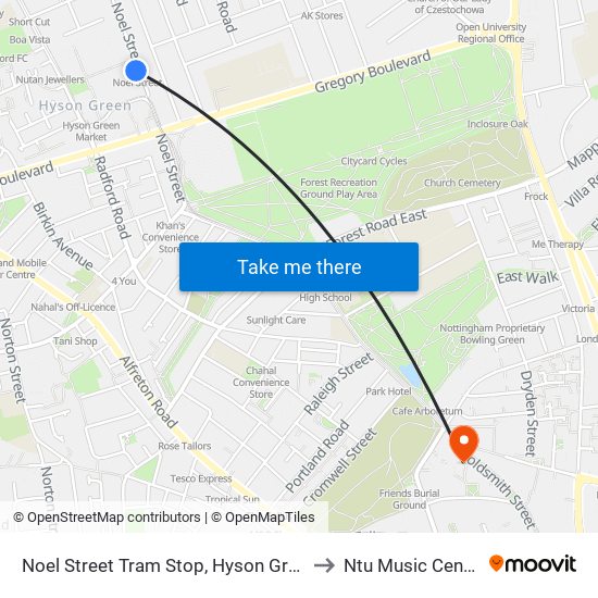 Noel Street Tram Stop, Hyson Green to Ntu Music Centre map