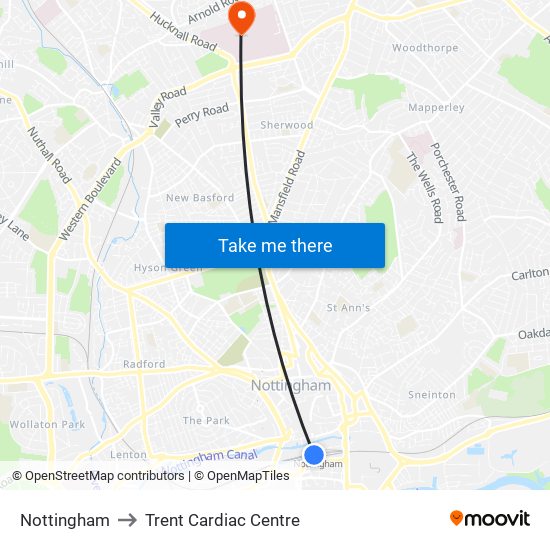 Nottingham to Trent Cardiac Centre map