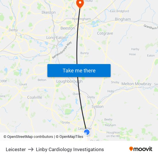 Leicester to Linby Cardiology Investigations map