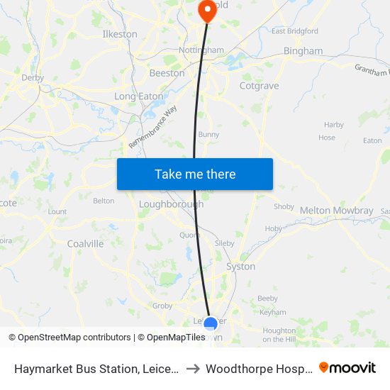 Haymarket Bus Station, Leicester to Woodthorpe Hospital map