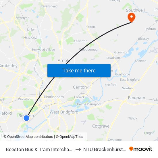 Beeston Bus & Tram Interchange, Beeston to NTU Brackenhurst Campus map