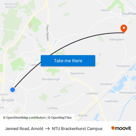 Jenned Road, Arnold to NTU Brackenhurst Campus map
