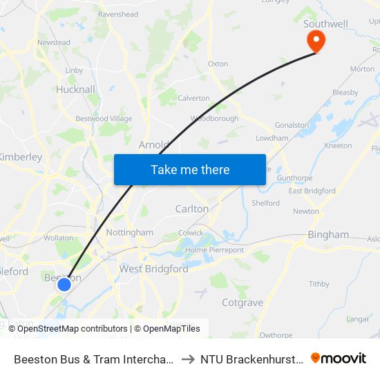Beeston Bus & Tram Interchange, Beeston to NTU Brackenhurst Campus map
