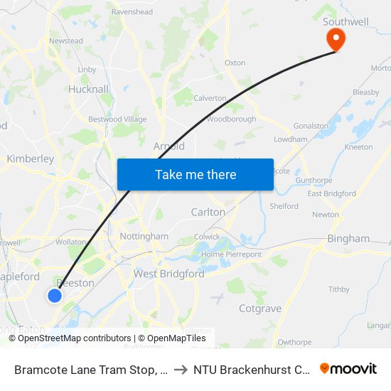 Bramcote Lane Tram Stop, Chilwell to NTU Brackenhurst Campus map