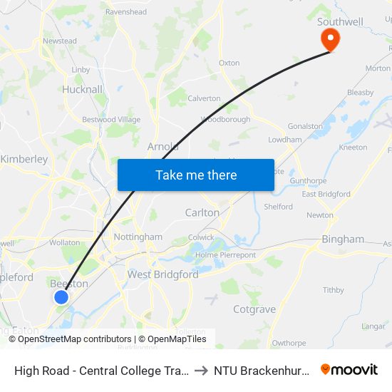 High Road - Central College Tram Stop, Chilwell to NTU Brackenhurst Campus map
