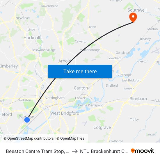 Beeston Centre Tram Stop, Beeston to NTU Brackenhurst Campus map