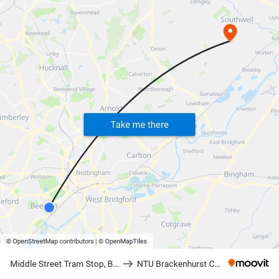 Middle Street Tram Stop, Beeston to NTU Brackenhurst Campus map