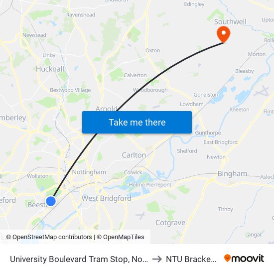 University Boulevard Tram Stop, Nottingham University Main Campus to NTU Brackenhurst Campus map