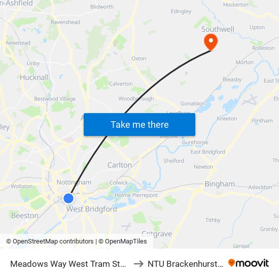 Meadows Way West Tram Stop, Meadows to NTU Brackenhurst Campus map