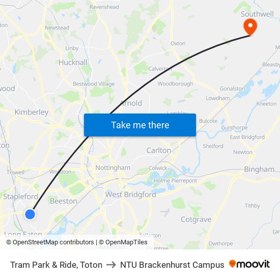 Tram Park & Ride, Toton to NTU Brackenhurst Campus map