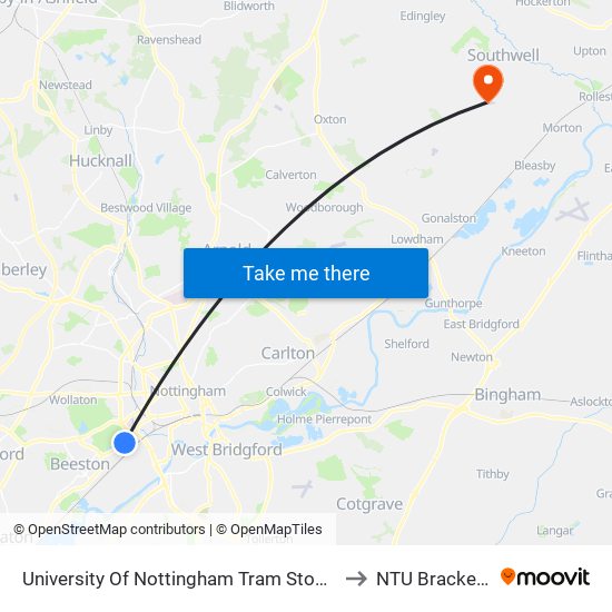 University Of Nottingham Tram Stop, Nottingham University Main Campus to NTU Brackenhurst Campus map