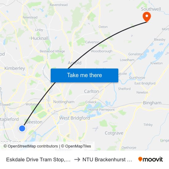 Eskdale Drive Tram Stop, Chilwell to NTU Brackenhurst Campus map