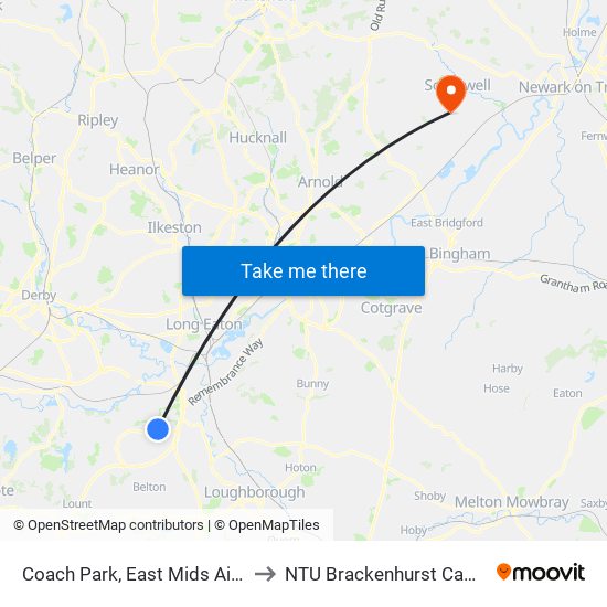 Coach Park, East Mids Airport to NTU Brackenhurst Campus map