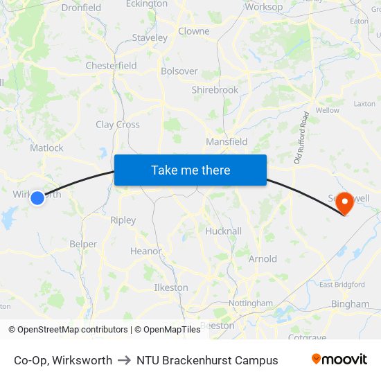 Co-Op, Wirksworth to NTU Brackenhurst Campus map