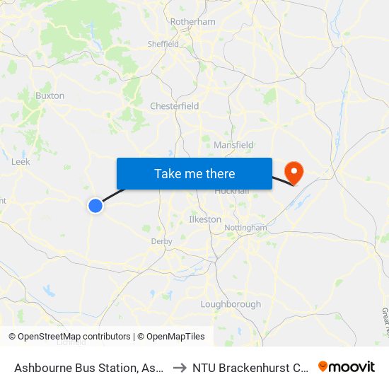Ashbourne Bus Station, Ashbourne to NTU Brackenhurst Campus map