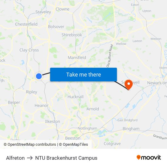 Alfreton to NTU Brackenhurst Campus map