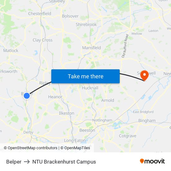 Belper to NTU Brackenhurst Campus map