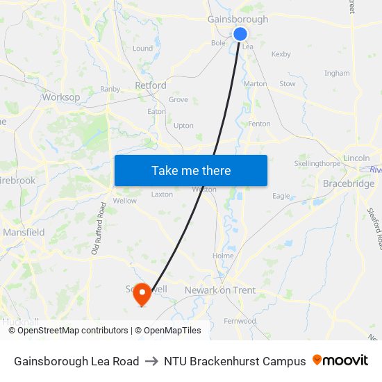 Gainsborough Lea Road to NTU Brackenhurst Campus map