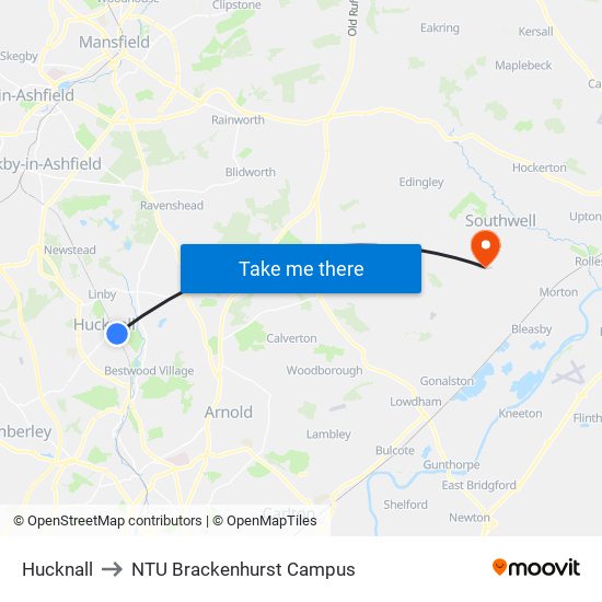 Hucknall to NTU Brackenhurst Campus map