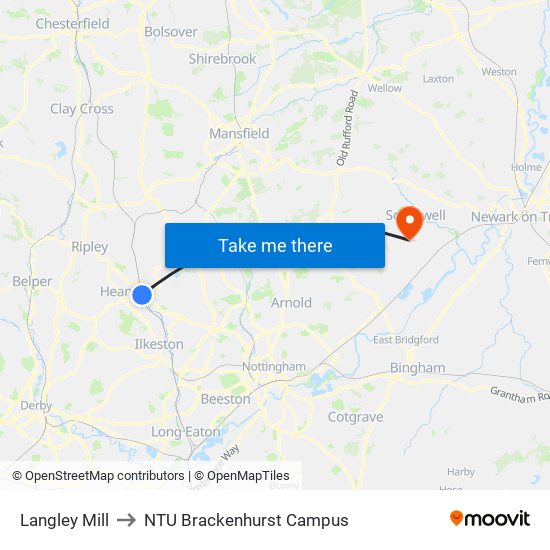 Langley Mill to NTU Brackenhurst Campus map