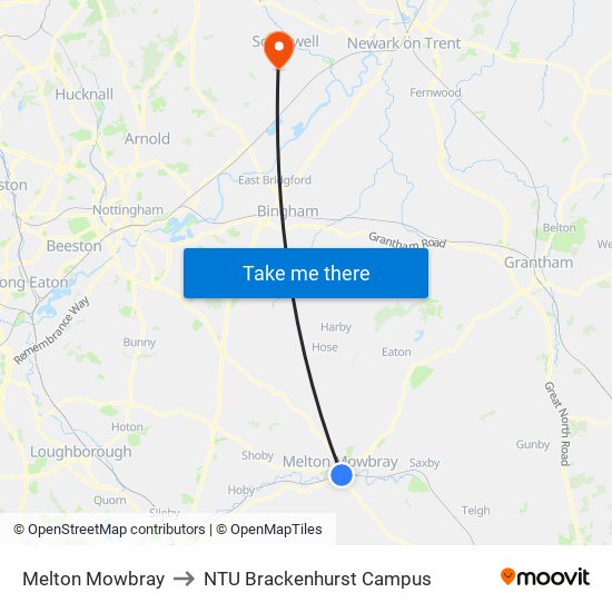 Melton Mowbray to NTU Brackenhurst Campus map
