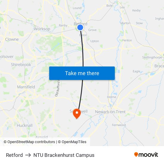 Retford to NTU Brackenhurst Campus map