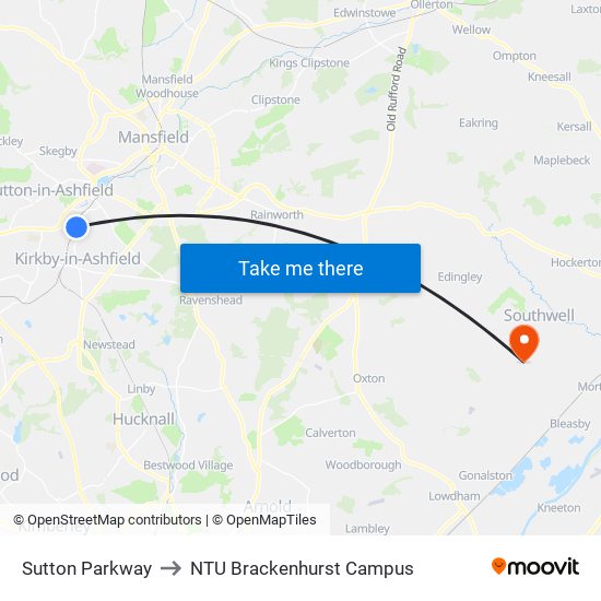 Sutton Parkway to NTU Brackenhurst Campus map