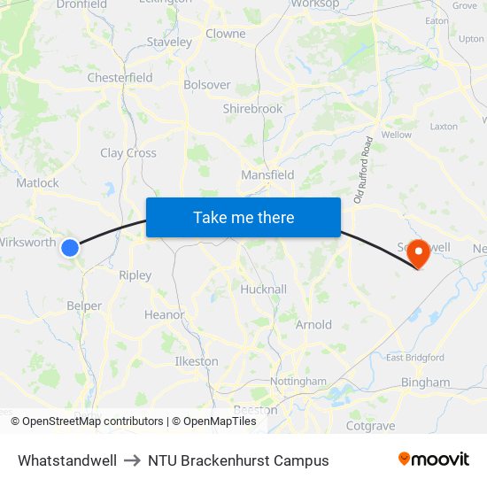 Whatstandwell to NTU Brackenhurst Campus map