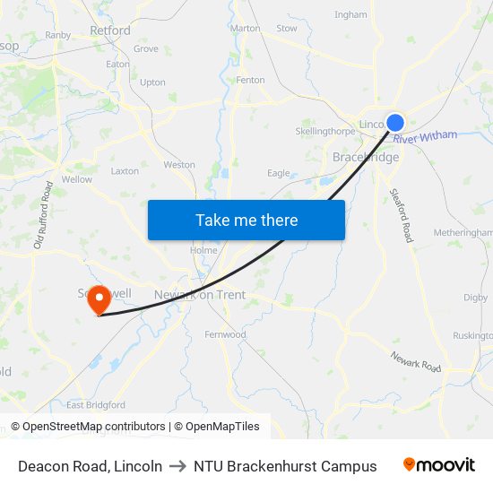 Deacon Road, Lincoln to NTU Brackenhurst Campus map
