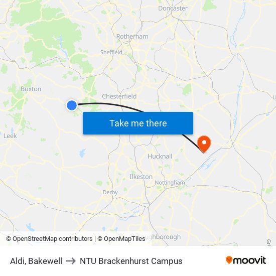 Aldi, Bakewell to NTU Brackenhurst Campus map