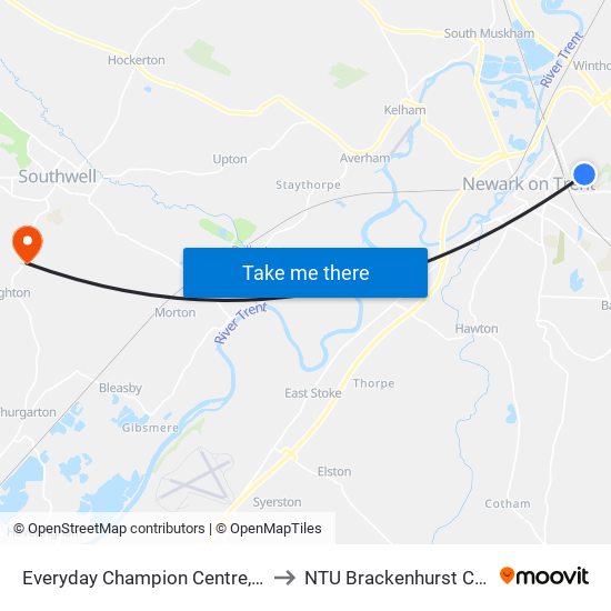 Everyday Champion Centre, Newark to NTU Brackenhurst Campus map