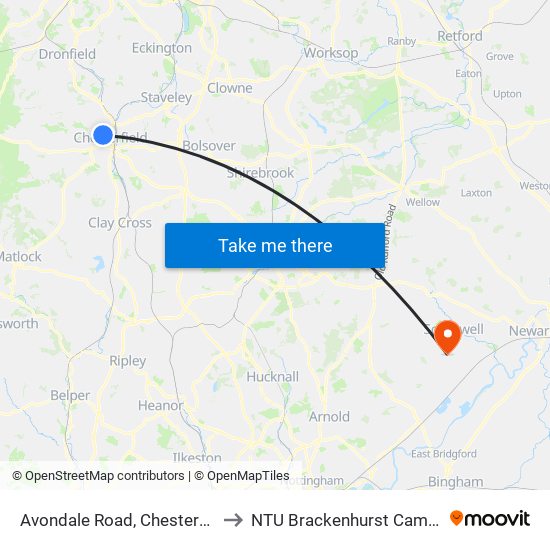 Avondale Road, Chesterfield to NTU Brackenhurst Campus map