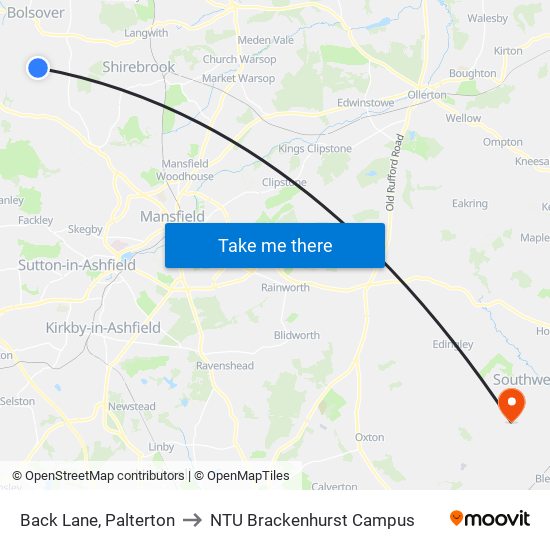 Back Lane, Palterton to NTU Brackenhurst Campus map
