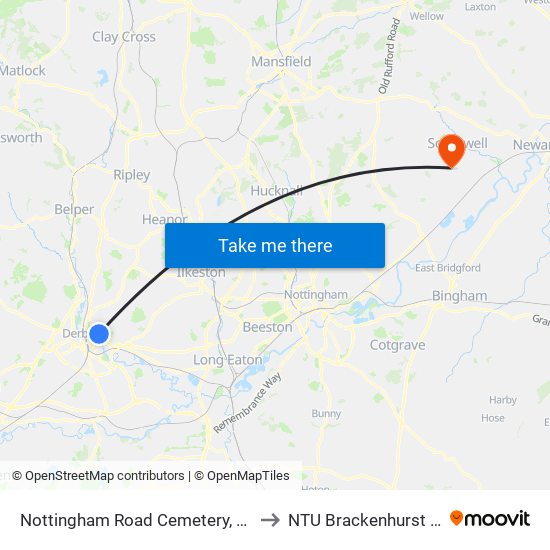 Nottingham Road Cemetery, Chaddesden to NTU Brackenhurst Campus map